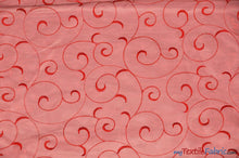 Load image into Gallery viewer, Swirl Organza Fabric | Embroidered Swirl Sheer | 54&quot; Wide | Multiple Colors | Fabric mytextilefabric Yards Red 
