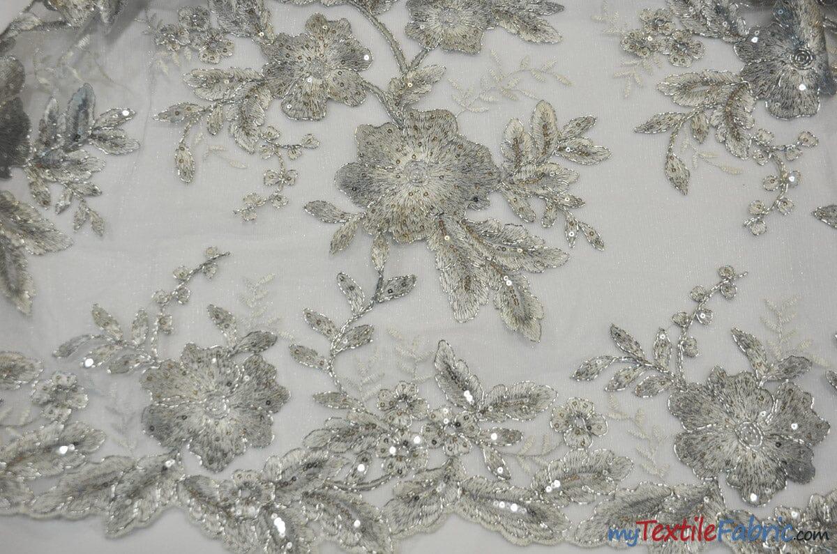 Edith Embroidery Fabric | Bridal Lace Design with Sequins | 52" Wide | Multiple Colors | Fabric mytextilefabric Yards Silver Silver