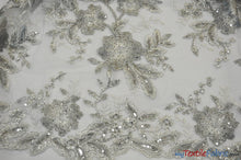 Load image into Gallery viewer, Edith Embroidery Fabric | Bridal Lace Design with Sequins | 52&quot; Wide | Multiple Colors | Fabric mytextilefabric Yards Silver Silver 
