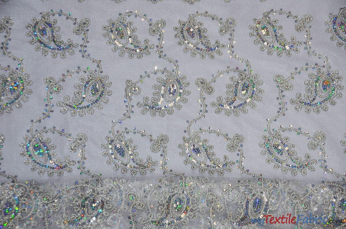 Coco Paisley Sheer Embroidery | Double Scallop Lace | 52" Wide | Fabric mytextilefabric Yards Silver