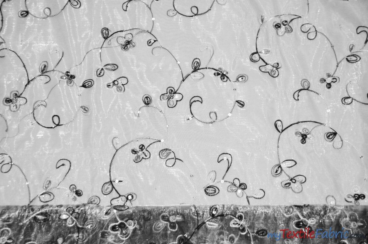 Dahlia Organza Embroidery Fabric | Embroidered Floral Sheer with Sequins Embellishment | 54" Wide | Multiple Colors | Fabric mytextilefabric Yards Silver