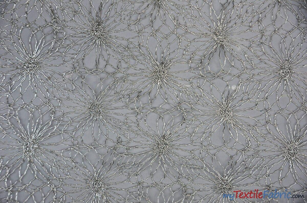 Open Weave Metallic Rose Mesh Fabric | 52" Wide | Scalloped Edge | Silver and Gold | Fabric mytextilefabric Yards Silver