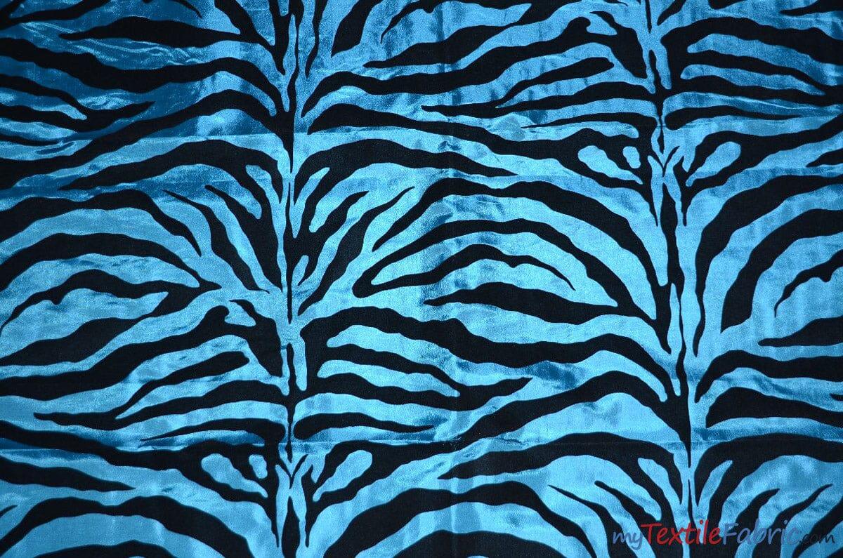 Zebra Flocking Taffeta | Flocking Velvet Zebra on Taffeta Fabric | 60" Wide | Curtains, Apparel, Cosplay, Costume, Decor | Fabric mytextilefabric Yards Teal Zebra