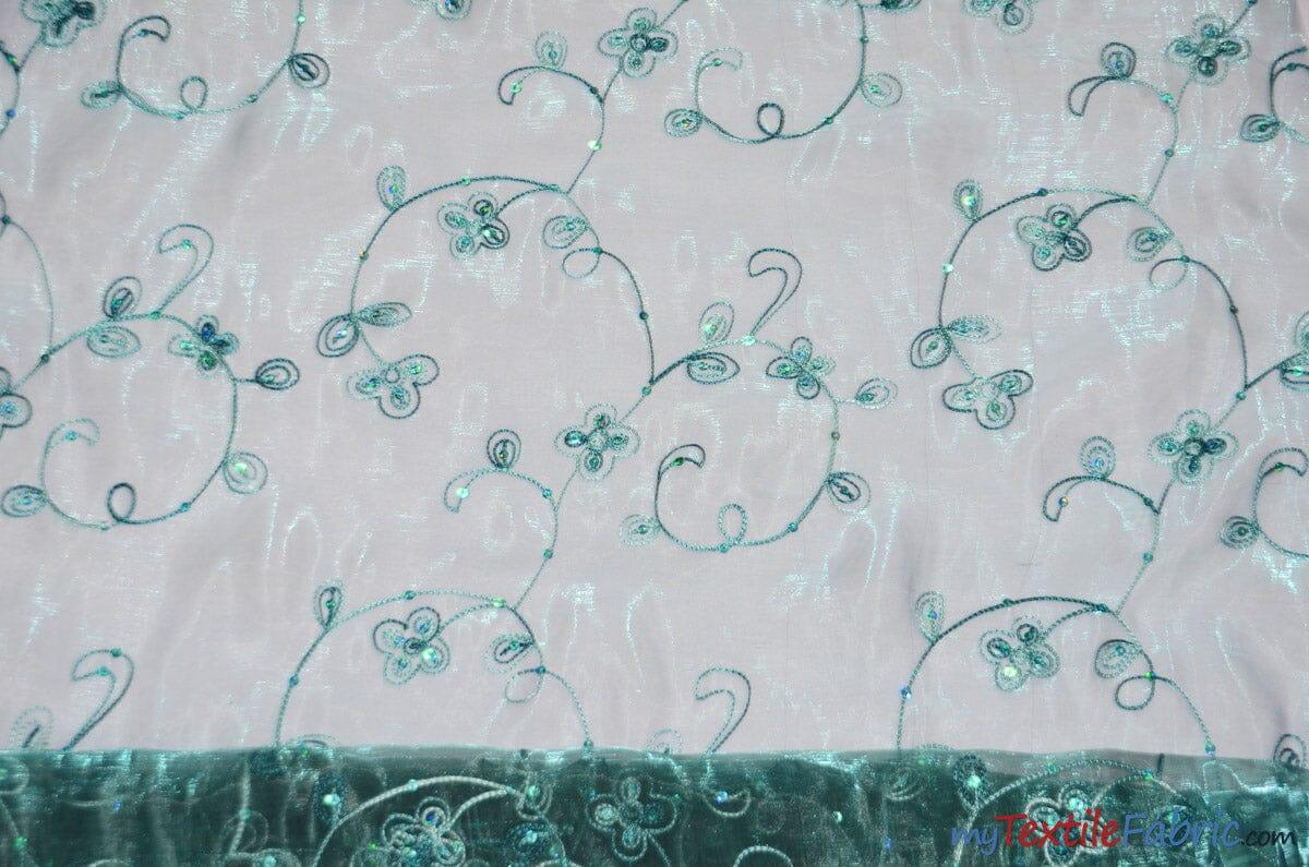 Dahlia Organza Embroidery Fabric | Embroidered Floral Sheer with Sequins Embellishment | 54" Wide | Multiple Colors | Fabric mytextilefabric Yards Teal