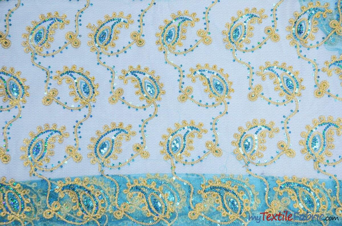 Coco Paisley Sheer Embroidery | Double Scallop Lace | 52" Wide | Fabric mytextilefabric Yards Turquoise