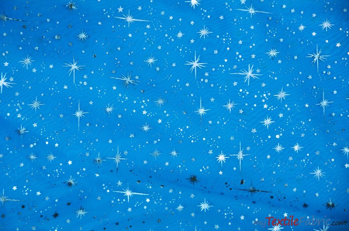 Shooting Star Foil Organza Fabric| 60" Wide | Sheer Organza with Foil Silver Metallic Star | Decor, Overlays, Accents, Dresses, Apparel | Fabric mytextilefabric Yards Turquoise