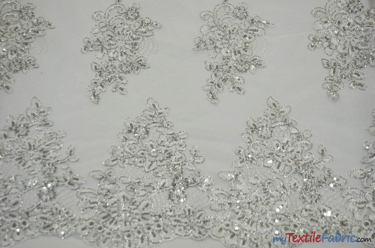 Camilla Embroidery Fabric | Bridal Lace Design YX 1098 | 52" Wide | Fabric mytextilefabric Yards White Silver