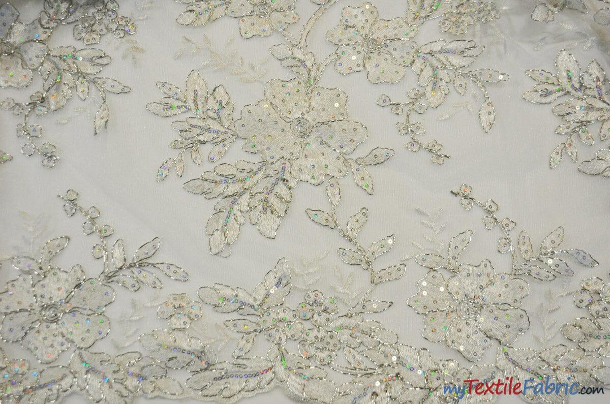 Edith Embroidery Fabric | Bridal Lace Design with Sequins | 52" Wide | Multiple Colors | Fabric mytextilefabric Yards White Silver