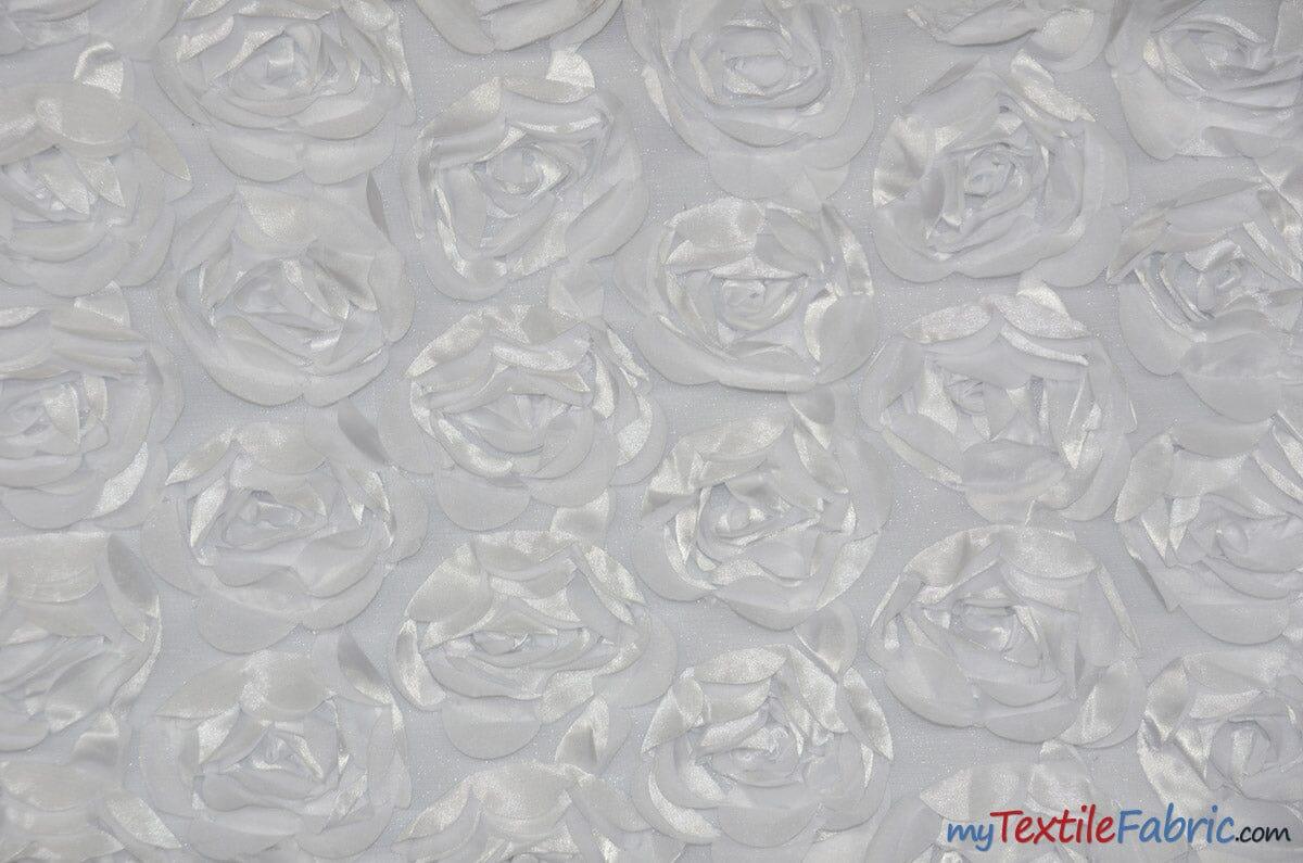 Rosette Satin Bordeaux Fabric | Rose Bordeaux Satin | 52" wide | 3d Floral Satin Embroidered on a Mesh | Multiple Colors | Fabric mytextilefabric Yards White