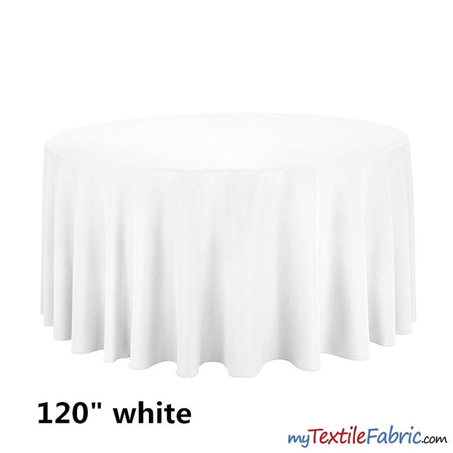 120" Round Polyester Seamless Tablecloth | Sold by Single Piece or Wholesale Box | Fabric mytextilefabric By Piece White