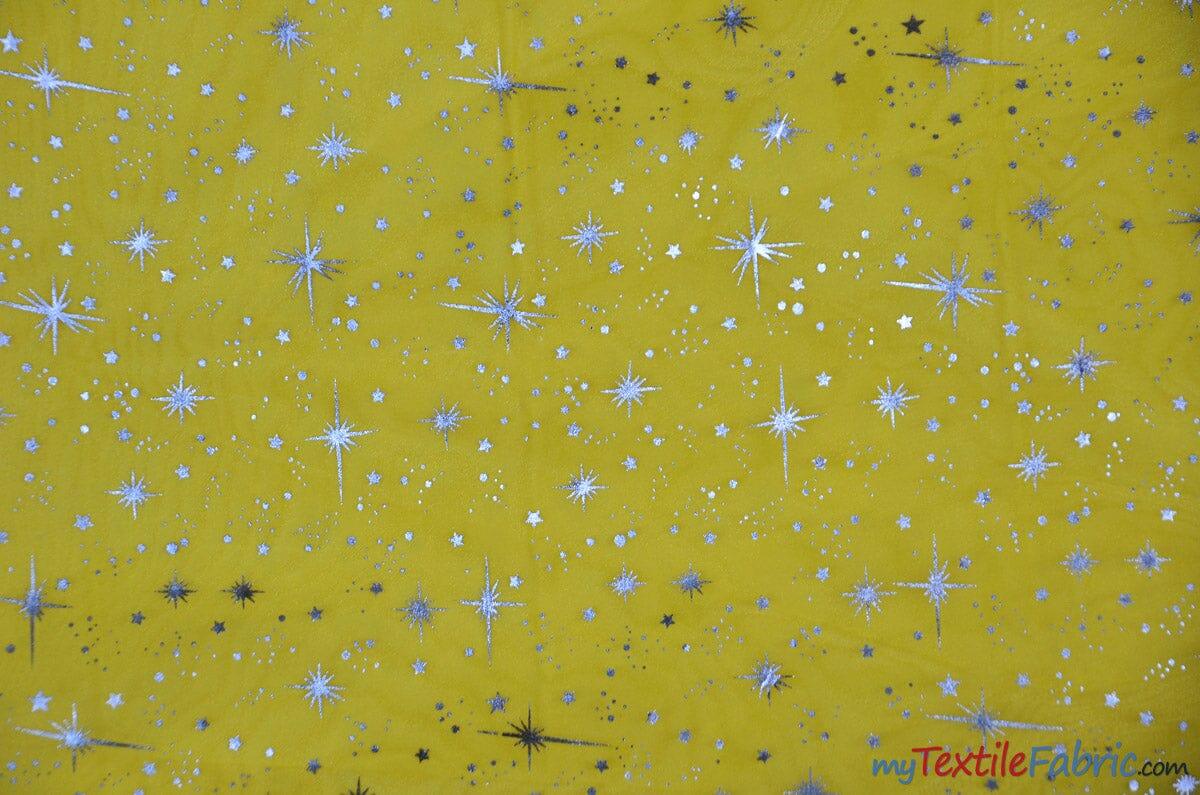 Shooting Star Foil Organza Fabric| 60" Wide | Sheer Organza with Foil Silver Metallic Star | Decor, Overlays, Accents, Dresses, Apparel | Fabric mytextilefabric Yards Yellow