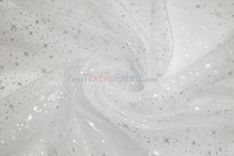 Shooting Star Foil Organza Fabric| 60" Wide | Sheer Organza with Foil Silver Metallic Star | Decor, Overlays, Accents, Dresses, Apparel |