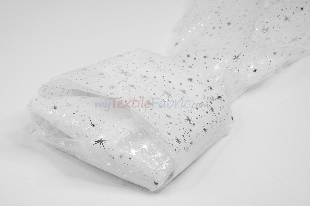 Shooting Star Foil Organza Fabric| 60" Wide | Sheer Organza with Foil Silver Metallic Star | Decor, Overlays, Accents, Dresses, Apparel |