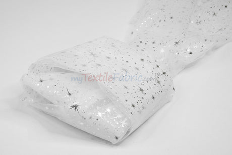 Shooting Star Foil Organza Fabric| 60" Wide | Sheer Organza with Foil Silver Metallic Star | Decor, Overlays, Accents, Dresses, Apparel |