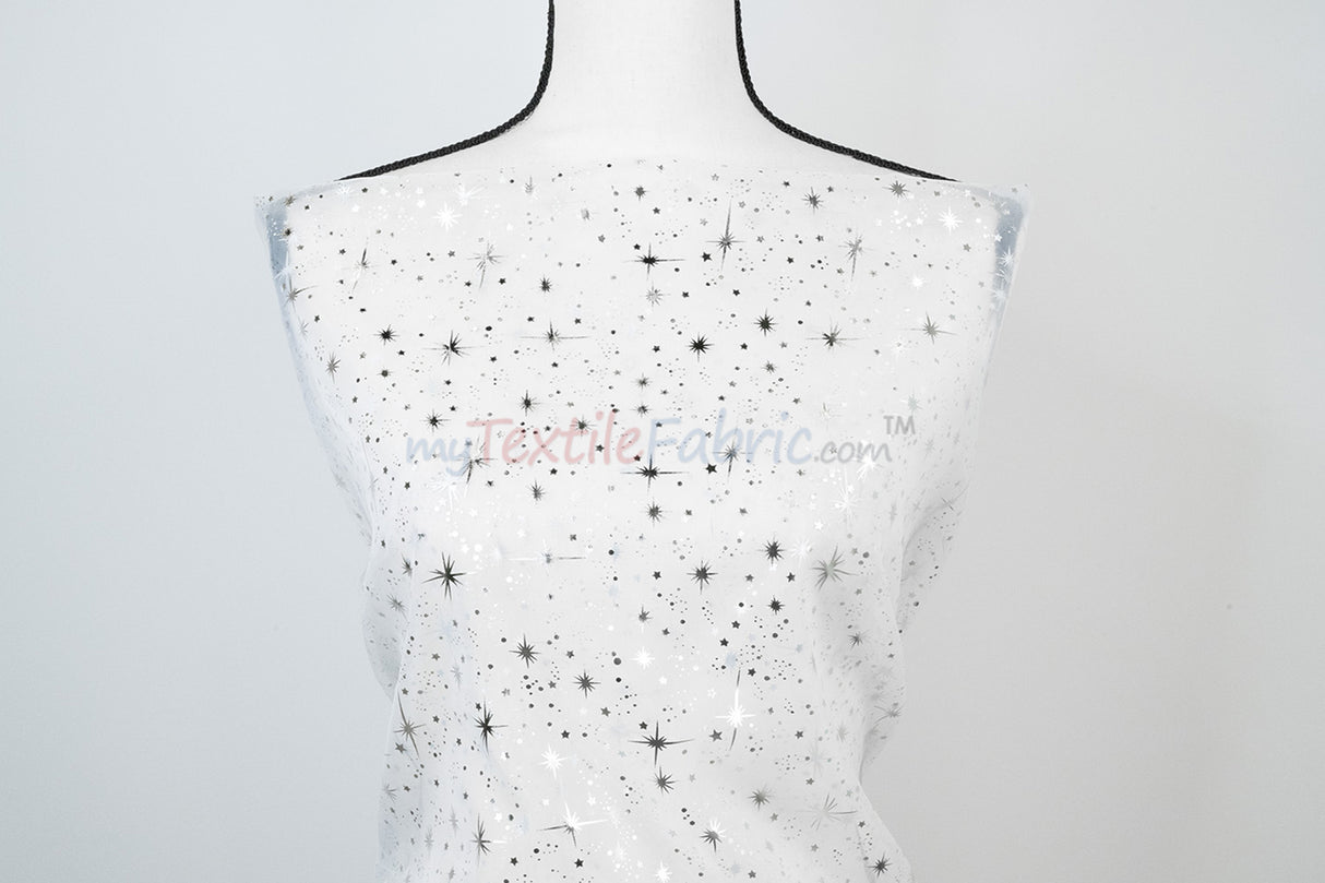 Shooting Star Foil Organza Fabric| 60" Wide | Sheer Organza with Foil Silver Metallic Star | Decor, Overlays, Accents, Dresses, Apparel |
