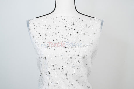 Shooting Star Foil Organza Fabric| 60" Wide | Sheer Organza with Foil Silver Metallic Star | Decor, Overlays, Accents, Dresses, Apparel |