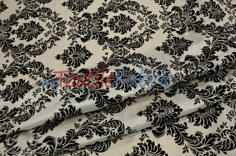 Damask Flocking Taffeta | Flocking Velvet Damask on Taffeta Fabric | 60" Wide | Curtains, Apparel, Cosplay, Costume, Decor | Fabric mytextilefabric Yards Ivory Black Damask 