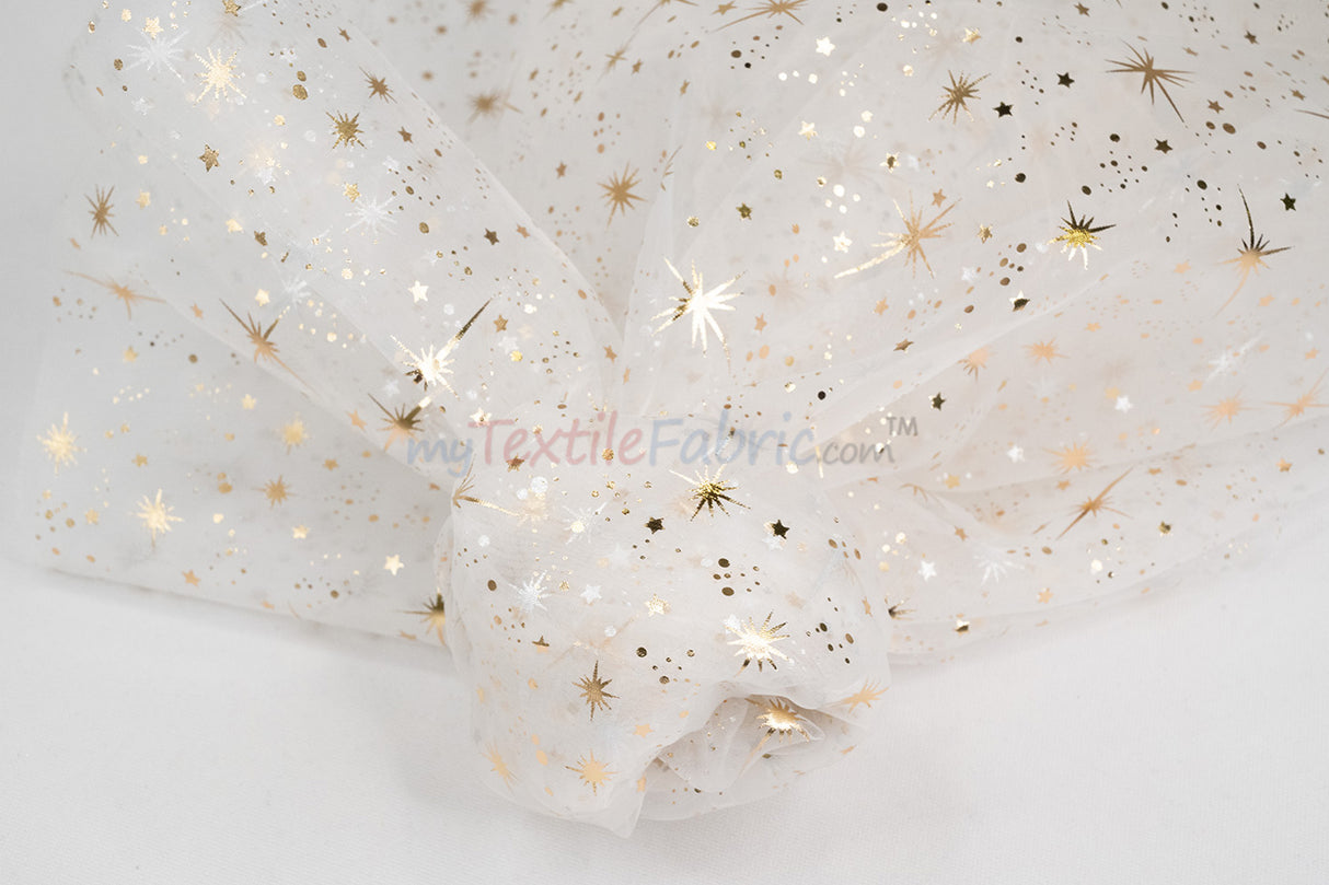 Shooting Star Foil Organza Fabric| 60" Wide | Sheer Organza with Foil Silver Metallic Star | Decor, Overlays, Accents, Dresses, Apparel |
