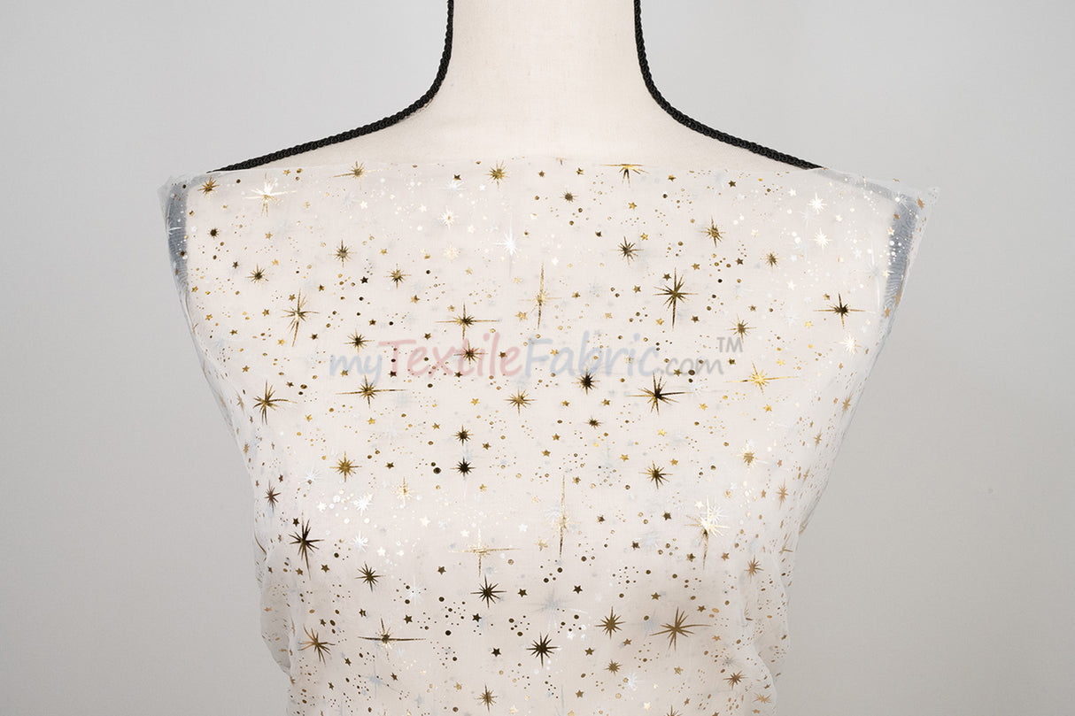 Shooting Star Foil Organza Fabric| 60" Wide | Sheer Organza with Foil Silver Metallic Star | Decor, Overlays, Accents, Dresses, Apparel |