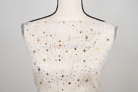 Shooting Star Foil Organza Fabric| 60" Wide | Sheer Organza with Foil Silver Metallic Star | Decor, Overlays, Accents, Dresses, Apparel |