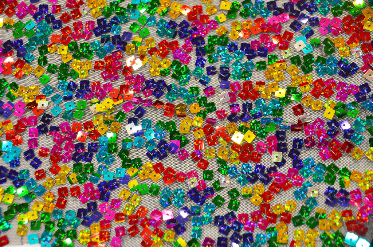 Rainbow Square Sequins | Colorful Sequins Fabric Sewn on Mesh | 52" Wide| Multi Color Sequins |