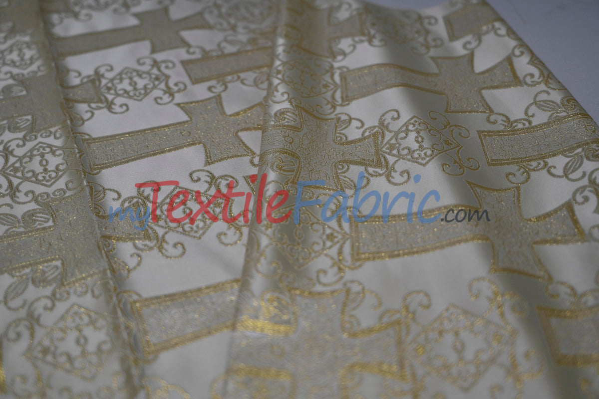 Religious Cross Brocade Fabric | 100% Polyester | 60" Wide | Elegant Liturgical Design