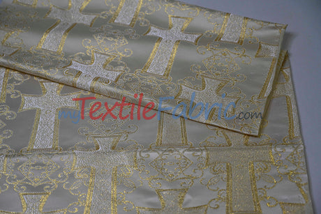 Religious Cross Brocade Fabric | 100% Polyester | 60" Wide | Elegant Liturgical Design