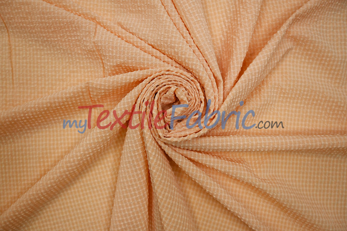 Gingham Seersucker Fabric | 100% Polyester | Mechanical Stretch | 57/59" Wide | Lightweight 115 GSM
