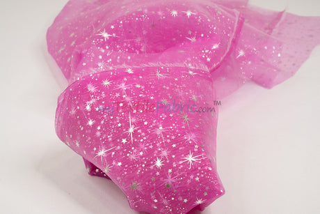 Shooting Star Foil Organza Fabric| 60" Wide | Sheer Organza with Foil Silver Metallic Star | Decor, Overlays, Accents, Dresses, Apparel |