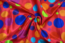 Load image into Gallery viewer, Multi Color Polka Dot Fabric | Polka Dot Satin Fabric | Polka Dot Charmeuse Satin Fabric | 60&quot; Wide | Silky Soft Satin in a Polka Dot Print