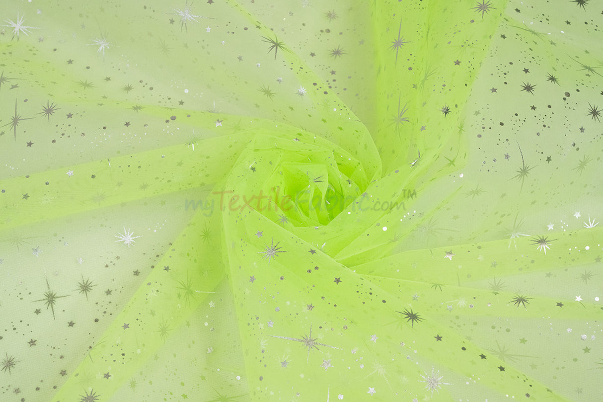 Shooting Star Foil Organza Fabric| 60" Wide | Sheer Organza with Foil Silver Metallic Star | Decor, Overlays, Accents, Dresses, Apparel |