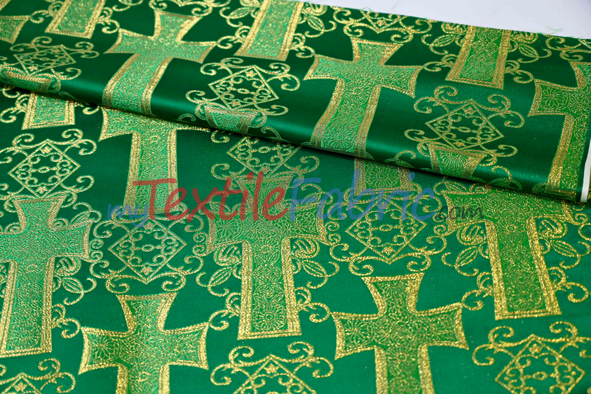 Religious Cross Brocade Fabric | 100% Polyester | 60" Wide | Elegant Liturgical Design