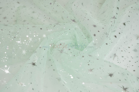 Shooting Star Foil Organza Fabric| 60" Wide | Sheer Organza with Foil Silver Metallic Star | Decor, Overlays, Accents, Dresses, Apparel |