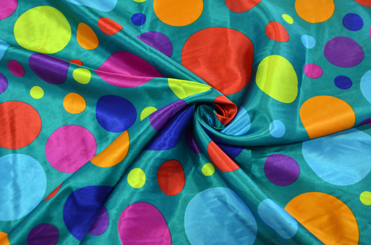 Multi Color Polka Dot Fabric | Polka Dot Satin Fabric | Polka Dot Charmeuse Satin Fabric | 60" Wide | Silky Soft Satin in a Polka Dot Print