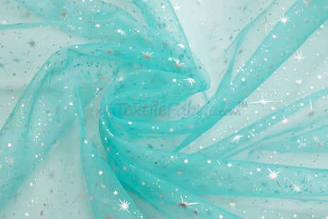 Shooting Star Foil Organza Fabric| 60" Wide | Sheer Organza with Foil Silver Metallic Star | Decor, Overlays, Accents, Dresses, Apparel |