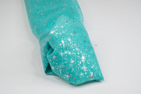 Shooting Star Foil Organza Fabric| 60" Wide | Sheer Organza with Foil Silver Metallic Star | Decor, Overlays, Accents, Dresses, Apparel |