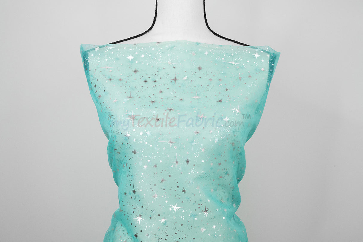 Shooting Star Foil Organza Fabric| 60" Wide | Sheer Organza with Foil Silver Metallic Star | Decor, Overlays, Accents, Dresses, Apparel |