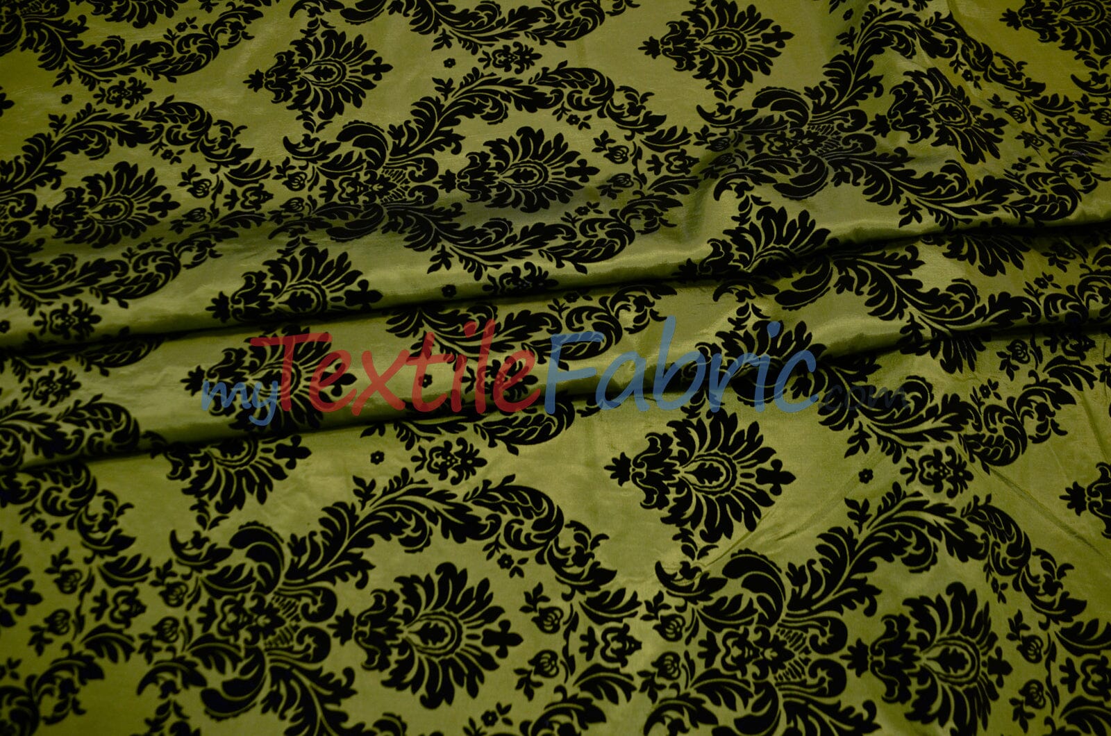 Damask Flocking Taffeta | Flocking Velvet Damask on Taffeta Fabric | 60" Wide | Curtains, Apparel, Cosplay, Costume, Decor | Fabric mytextilefabric Yards Dark Lime 