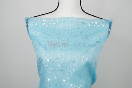Shooting Star Foil Organza Fabric| 60" Wide | Sheer Organza with Foil Silver Metallic Star | Decor, Overlays, Accents, Dresses, Apparel |
