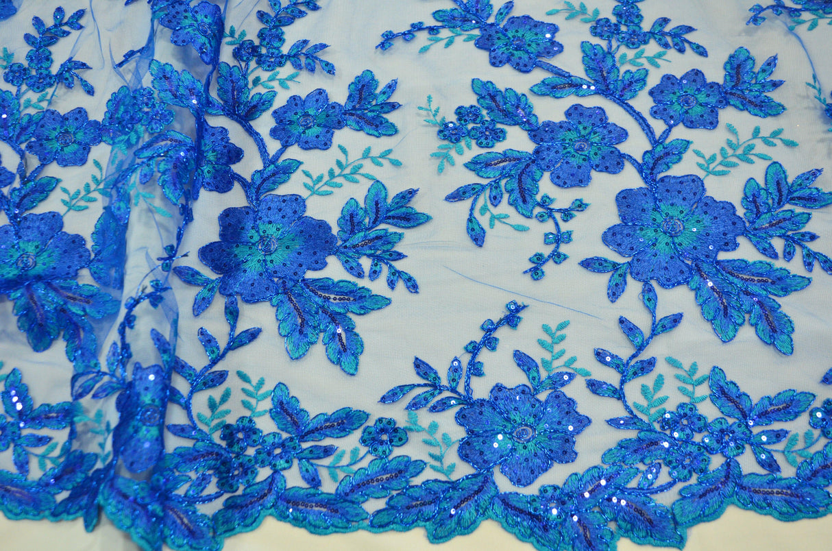 Edith Embroidery Fabric | Bridal Lace Design with Sequins | 52" Wide | Multiple Colors | Fabric mytextilefabric Yards Royal Blue (aqua threading) 