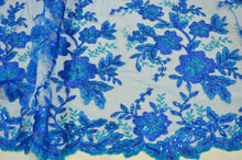Load image into Gallery viewer, Edith Embroidery Fabric | Bridal Lace Design with Sequins | 52&quot; Wide | Multiple Colors | Fabric mytextilefabric Yards Royal Blue (aqua threading) 