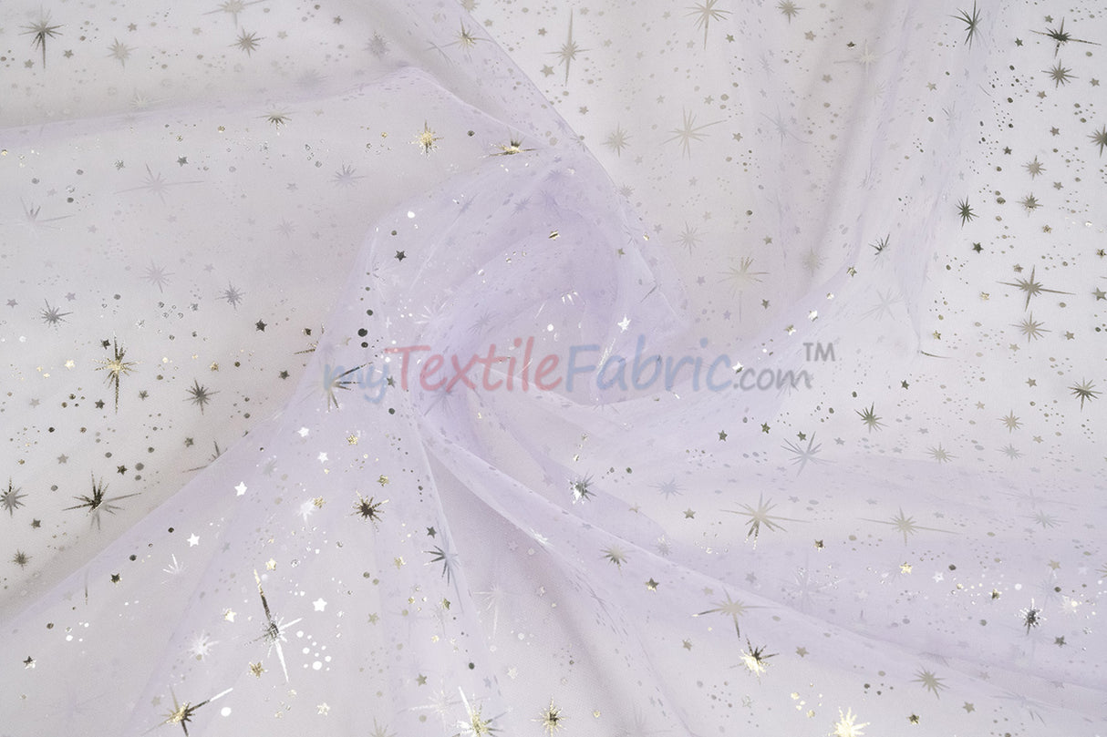 Shooting Star Foil Organza Fabric| 60" Wide | Sheer Organza with Foil Silver Metallic Star | Decor, Overlays, Accents, Dresses, Apparel |