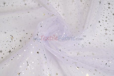 Shooting Star Foil Organza Fabric| 60" Wide | Sheer Organza with Foil Silver Metallic Star | Decor, Overlays, Accents, Dresses, Apparel |