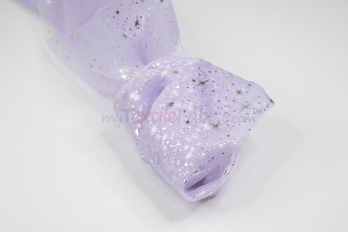 Shooting Star Foil Organza Fabric| 60" Wide | Sheer Organza with Foil Silver Metallic Star | Decor, Overlays, Accents, Dresses, Apparel |