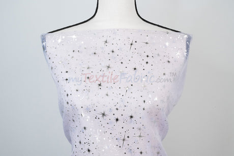 Shooting Star Foil Organza Fabric| 60" Wide | Sheer Organza with Foil Silver Metallic Star | Decor, Overlays, Accents, Dresses, Apparel |