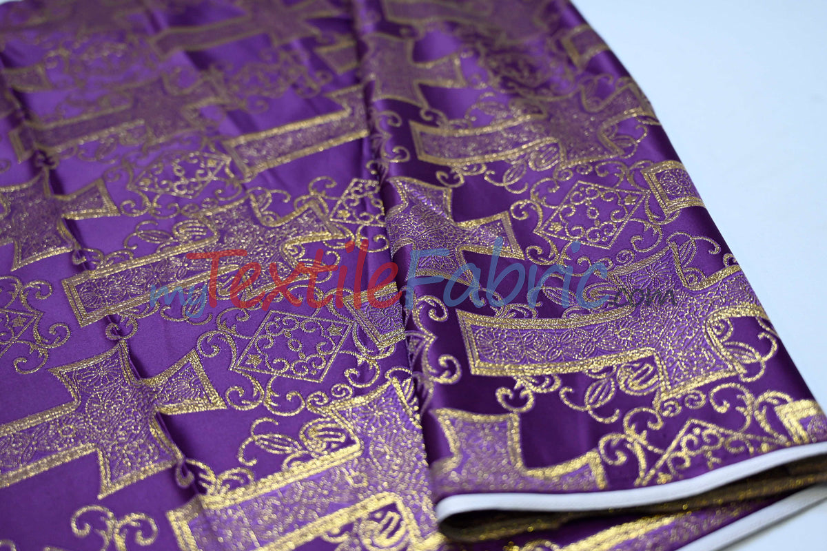 Religious Cross Brocade Fabric | 100% Polyester | 60" Wide | Elegant Liturgical Design