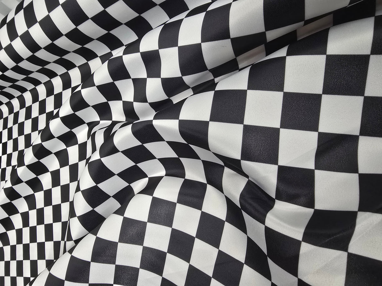 White Black 3.5" Checker Satin Print Fabric | Medium Checkered Racing Fabric | Dull Satin Print | 60" Wide | White Black |