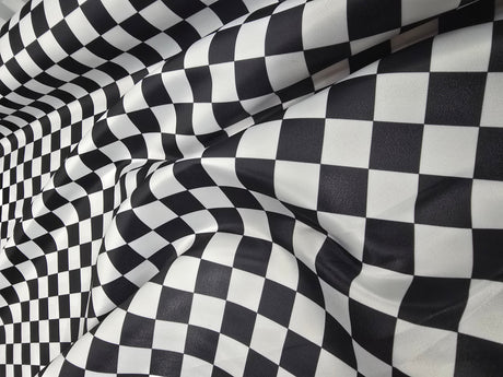 White Black 3.5" Checker Satin Print Fabric | Medium Checkered Racing Fabric | Dull Satin Print | 60" Wide | White Black |