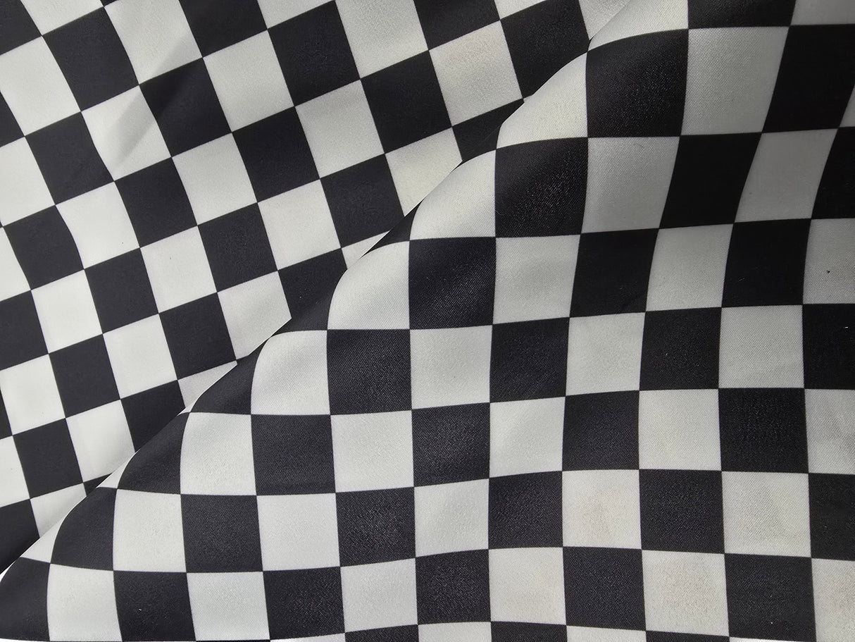 White Black 3.5" Checker Satin Print Fabric | Medium Checkered Racing Fabric | Dull Satin Print | 60" Wide | White Black |