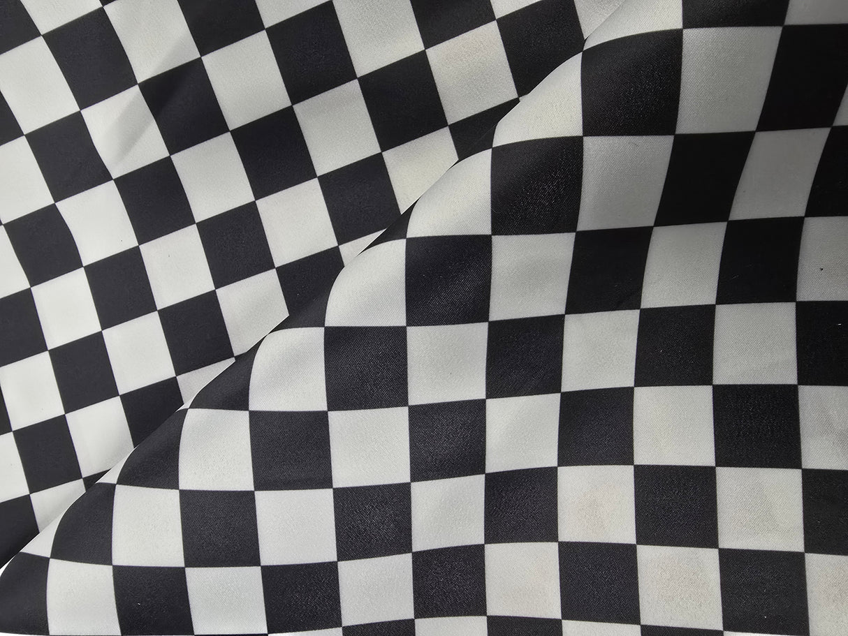 White Black 5.5" Checker Satin Print Fabric | Large Checkered Racing Fabric | Dull Satin Print | 60" Wide | White Black |